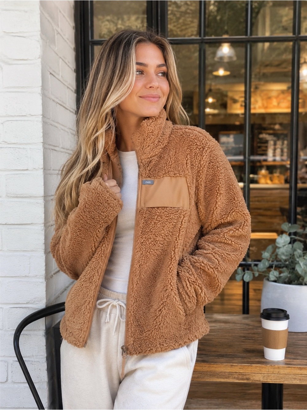 FIGS On-Shift High Pile Fleece Jacket XS Mocha Sherpa Full Zip
